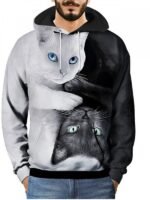 Men's Hooded Pullover Long Sleeve Cat Graphic Front Pocket Sweatshirt