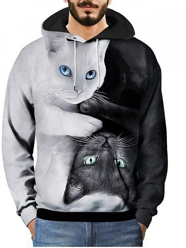 imgi_4_82a8b5c6e830c9f474381877b3e17e73.jpg Men's Hooded Pullover Long Sleeve Cat Graphic Front Pocket Sweatshirt - Image 1
